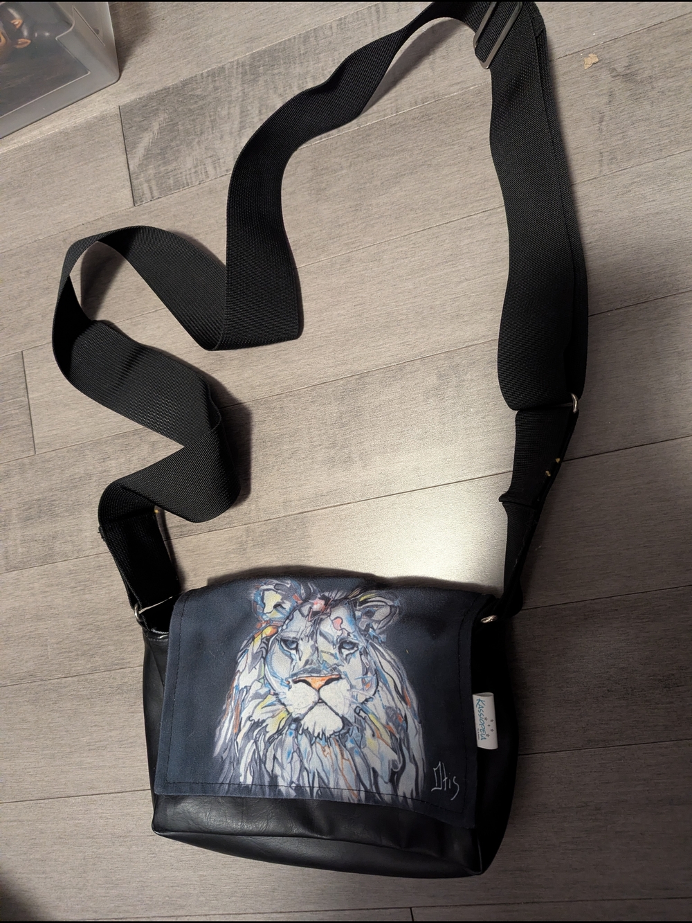 Black Crossbody Bag with Colorful Lion Print Flap